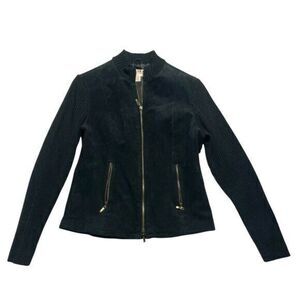 AMI Leather Moto Jacket Women Size Medium Black Suede Full Zip Up Pockets Bomber